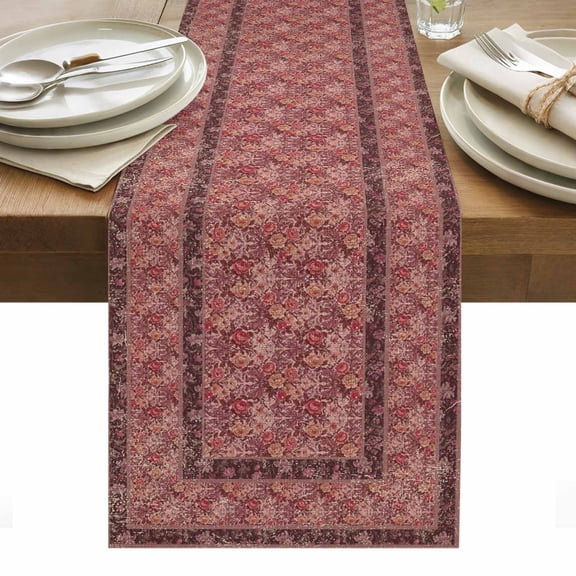 Bohemian Cotton Linen Table Runner Dark Red Vintage Flowers Texture Traditional Ethnic Dining Table Runners for Home Decor Party Dining Room Restaurant Kitchen Party 13" x 36"
