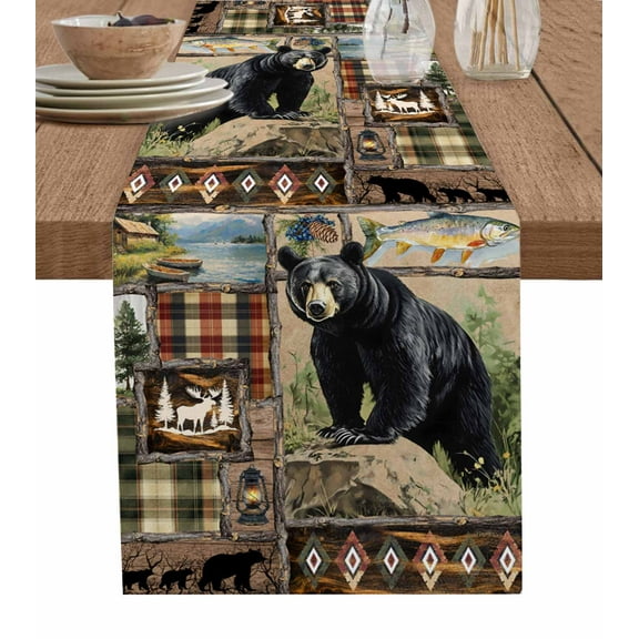 Vintage Black Bears Table Runner 60 Inches, Abstract Country Plaid Fish Retro Bed Runner Dresser Scarves Tabletop for Indoor Outdoor Parties/Ceremony/Banquet, 13" x 60"