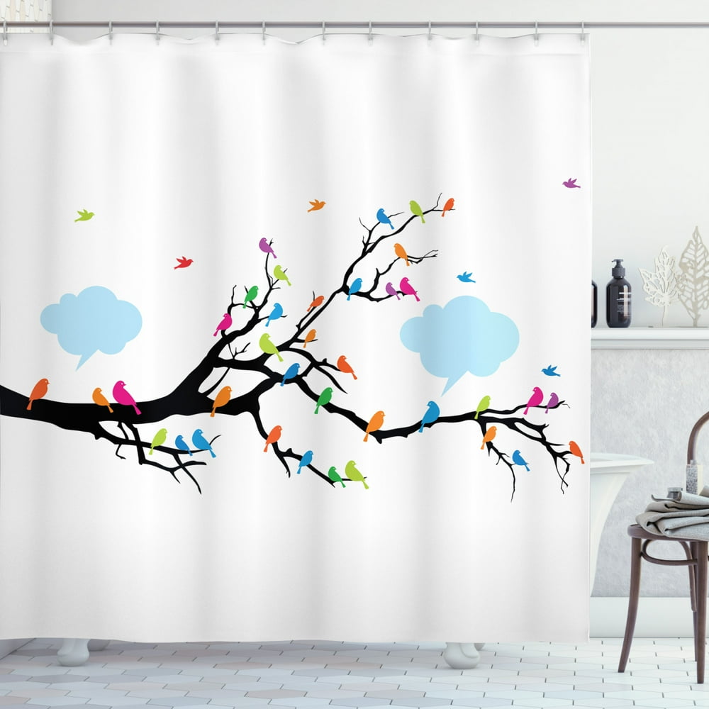 Colorful Shower Curtain, Winged Birds Sitting and Tweeting on the
