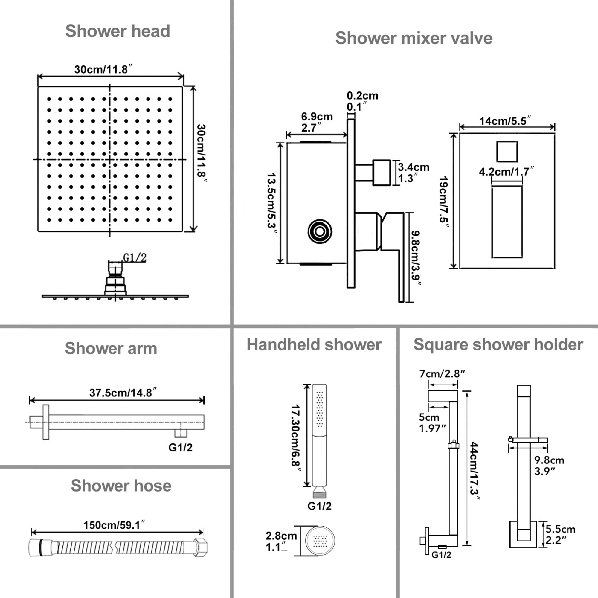 BESy 12 inch Polished Chrome Shower System Rain Shower Head with 2 in 1 Handheld Shower, Rainfall Shower System with Adjustable Slide Bar, Shower Faucet Fixture Combo Set