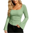 thumbnail image 2 of BRGZLK Bell Long Sleeve Shirts for Women Trendy Soft Stretchy Ribbed Knit Square Neck Slim Fit Tops for Going Out Casual Fall Winter Outfits Green 2XL, 2 of 7