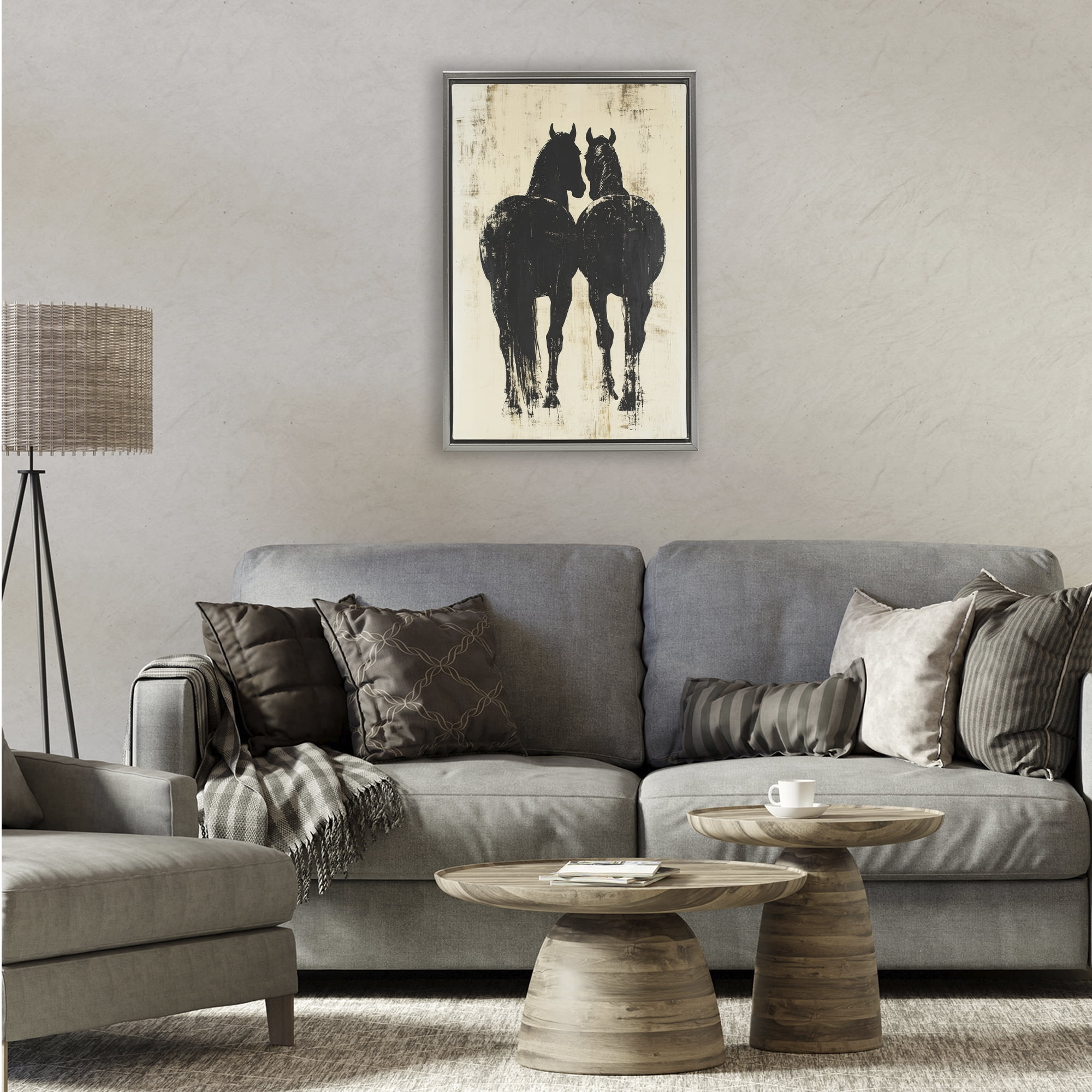 Stupell Industries Twin Horses Facing Away Gray Framed Floater Canvas Wall Art, design by Petal Prints Design