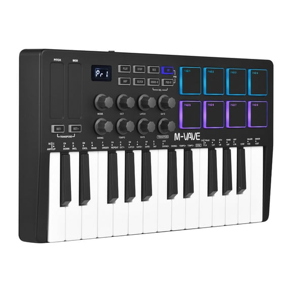 M-VAVE 25 Key USB MIDI Keyboard Controller With 8 Backlit Drum Pads, Bluetooth Semi Weighted Professional Dynamic Keybed, 8 Knobs and Music Production