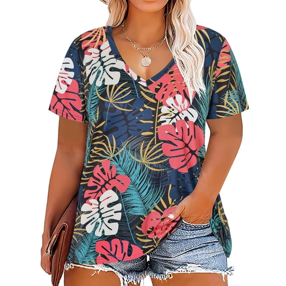 TIYOMI Plus Size Women's Hawaiian Leaves Shirts 2X V Neck Tops Summer Shirts Short Sleeve Pullover Tee 2XL 18W 20W