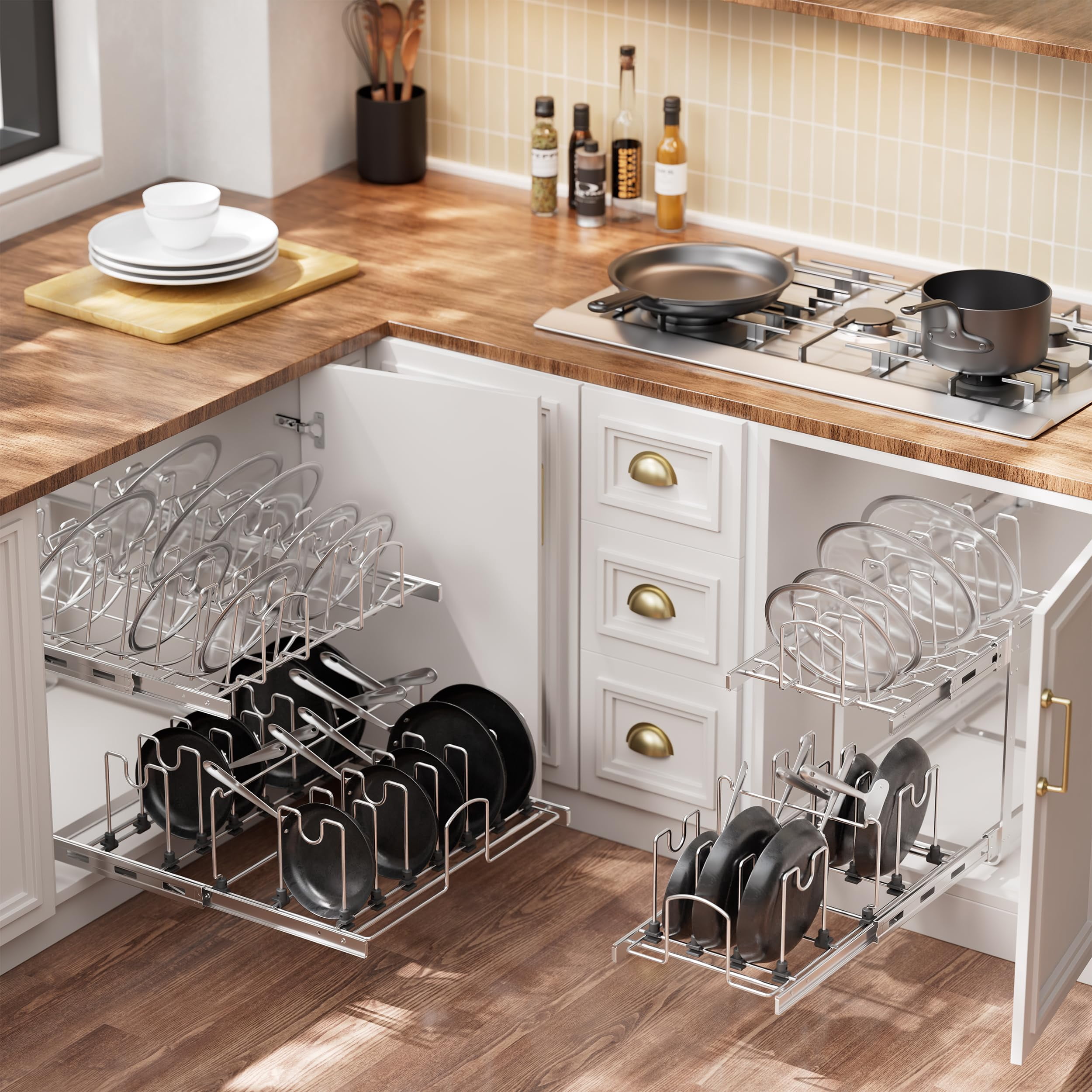 STORING 2-Tier Pull-Out Cabinet Organizer for Pots, Pans & Lids, Adjustable Heavy Duty Wire Rack, Full-Extension 15"W x 22"D