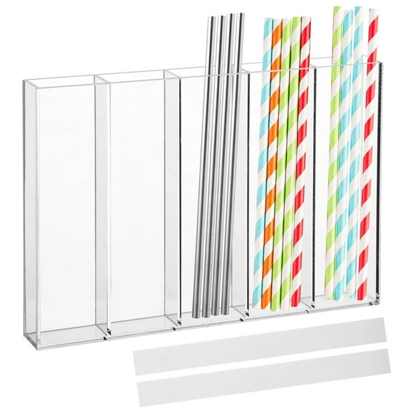 Clear Acrylic Straw Holder, 5 Slots Fully Enclosed Straw Organizer for Cabinets, Self-Adhesive Transparent Straw Dispenser Storage Rack for Kitchen Pantry, Fits Multiple Lengths