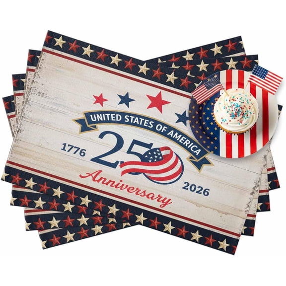4th of July Placemats Set of 4, 250 Years Anniversary Place Mats Retro Patriotic Stars USA Flag Tablemats Independence Day Placemat Table Decoration for Kitchen Table Dinner Party Decor 13x19 Inch