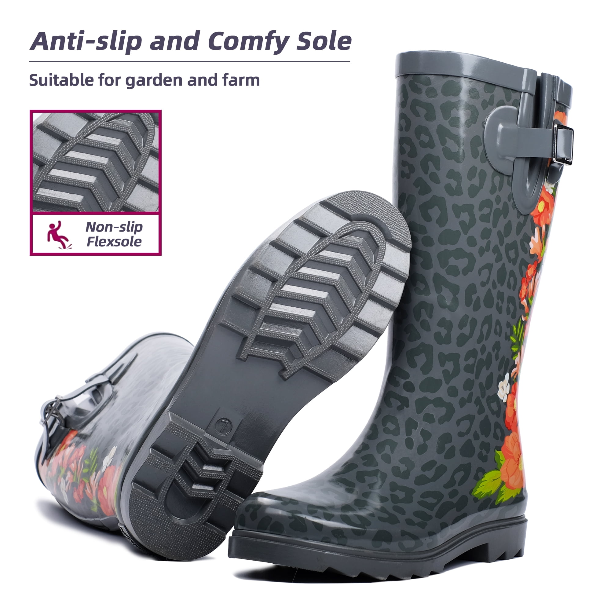 Landchief Women's Tall Waterproof Rubber Rain Boots for Garden, Size 7, Red Flowers