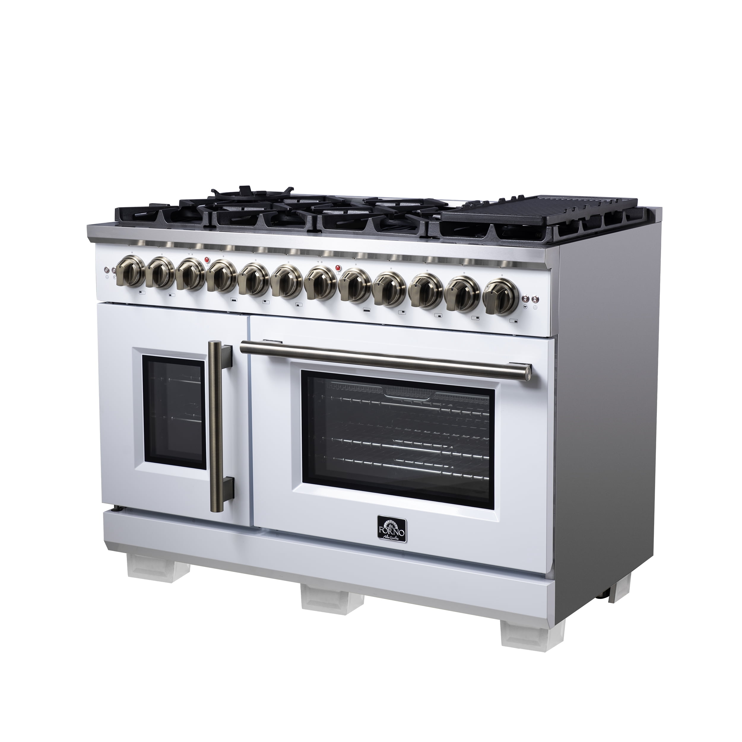 Forno Capriasca 48 Inch Freestanding French Door Dual Fuel Range in White with Antique Brass Accessories, 8 Burners, True Convection Oven