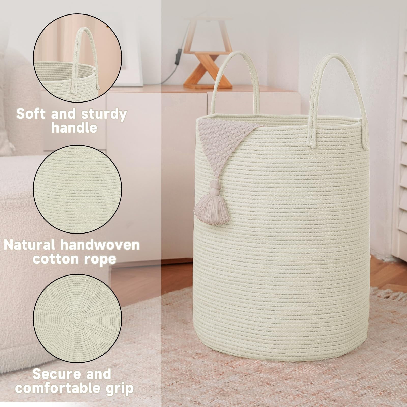 Large Woven Laundry Basket Hamper,60L Cotton Rope Storage Bin for Blankets,Toys and Clothes,Decorative Tall Nursery Hamper for Living Room,Baby Nursery,Bathroom and Bedroom