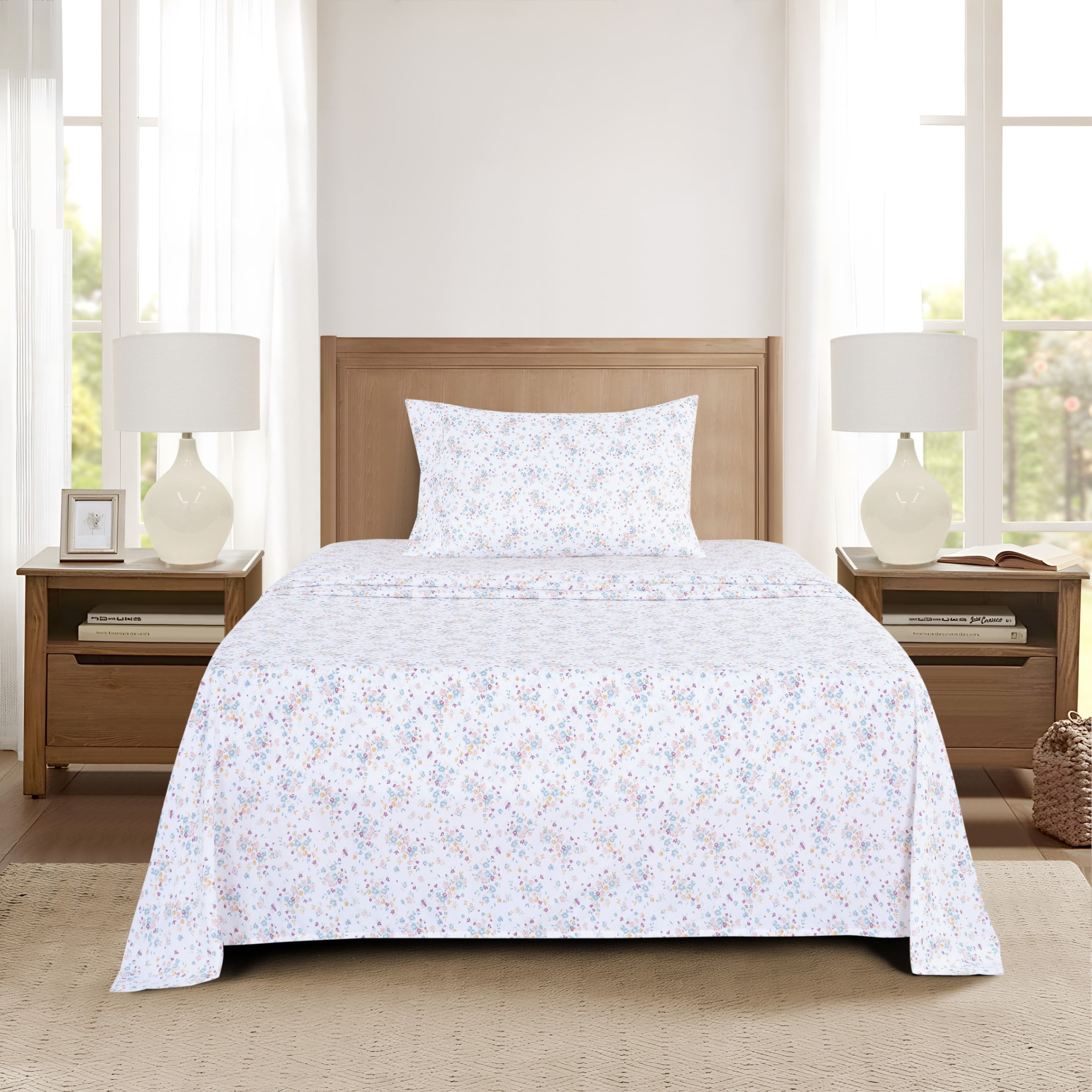 Mainstays Super Soft Brushed Microfiber Bed Sheet Set, White Floral, Twin-XL, 3 Piece