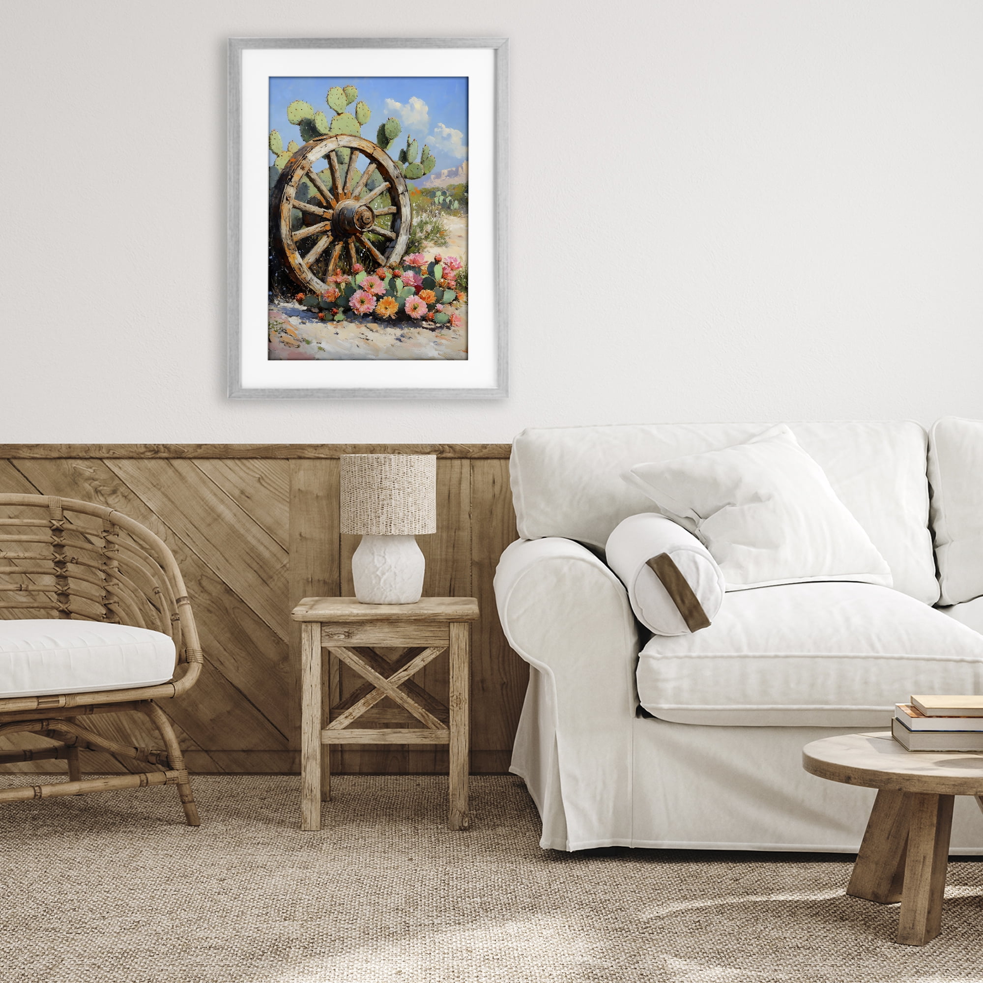 Stupell Industries Wagon Wheel Among Cactus Gray Framed Print Under Glass, design by Franklyn Gregory