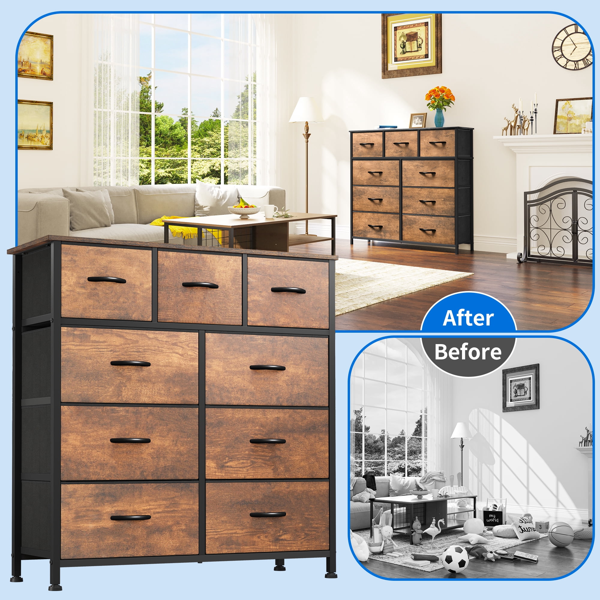 Uforic 9-Drawer Fabric Dresser for Adults, Storage Organizer with Steel Frame & Wood Top, Gray