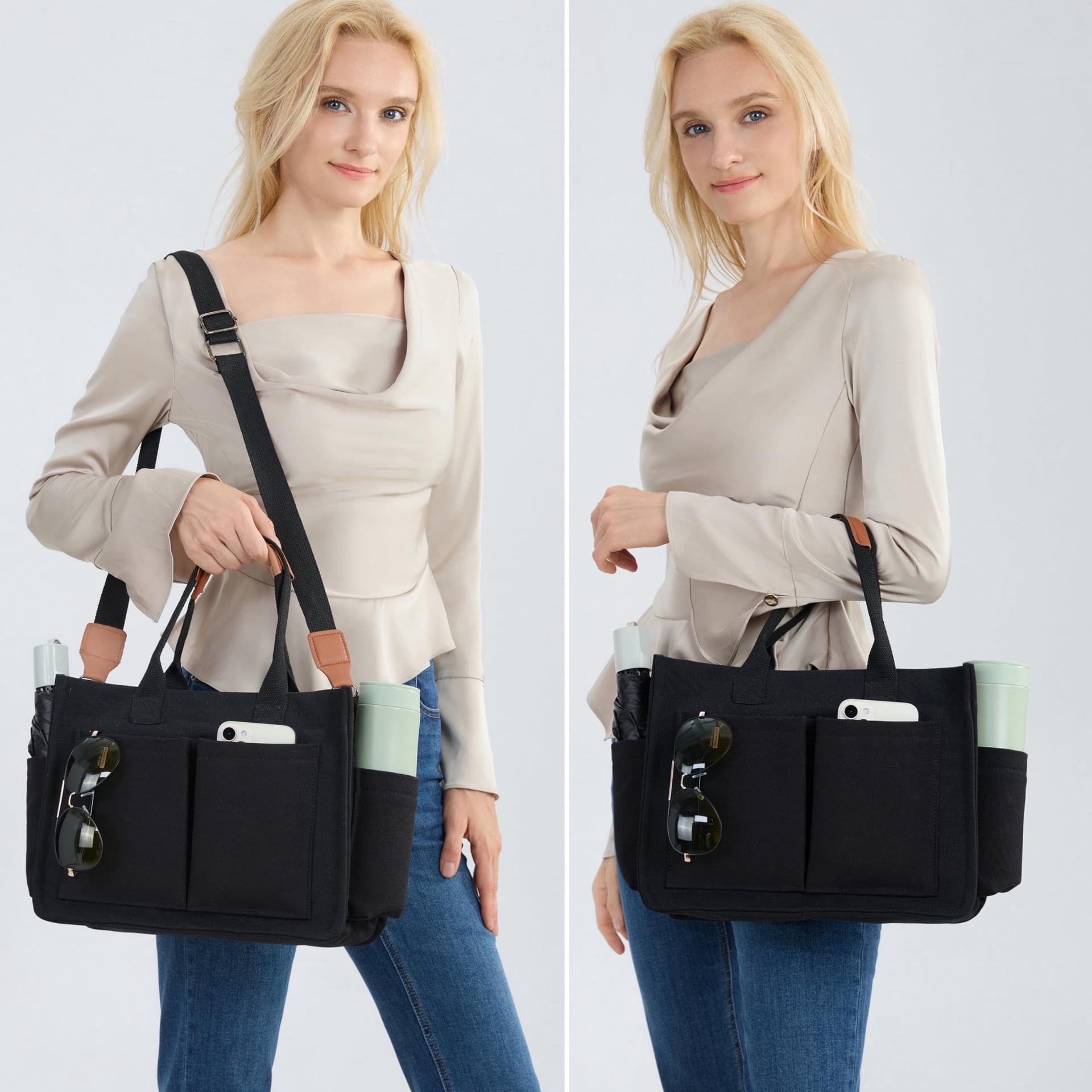 Tote Bag for Women Work - Everyday Bag with Pockets Crossbody Nursing Bag for Work Travel Nurse Gift-black