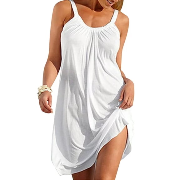 Dresses for women Summer Sleeveless Tank Dress Plain Pleated Vest T Shirt Dress Casual Loose Mini Dress Sundress Beach Bikini Swimsuit Cover Up