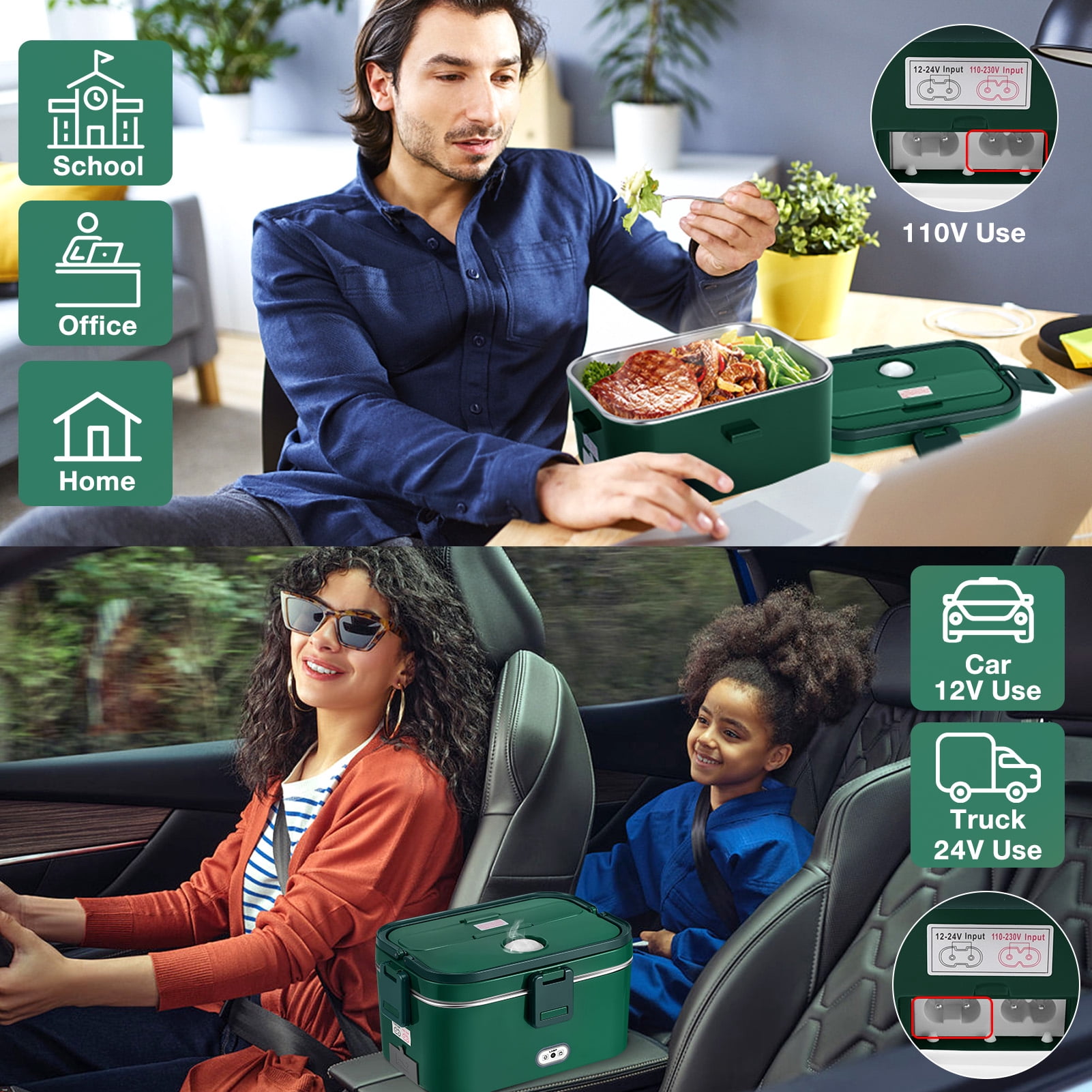 Livhil Electric Lunch Box Food Heater, Portable Food Warmer, Hot Lunch Warmer Heated Lunch Box for Adults, 60W 1.8L 12V-24V 110V Stainless Steel Container Portable Food Heater (Green+Army Green)