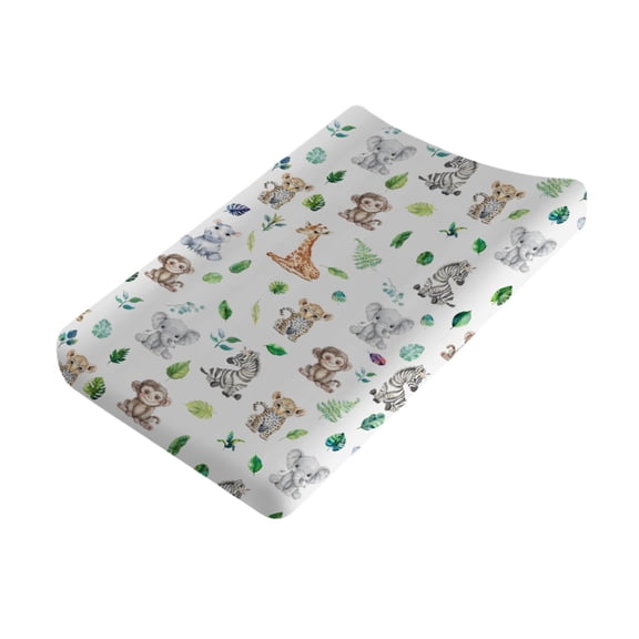 Baby Jungle Safari Animals Changing Pad Covers Elephants Zebra Leopard Monkey Hippo Giraffe Tropical Leaves Diaper Change Table Sheets for Boy Girl Soft Stretch Baby Changing Table Mats 32''x16''