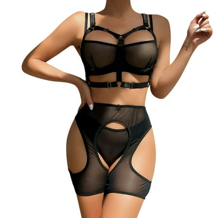 

Women Lace Bodysuit Lingerie Pajama Set Solid Black M