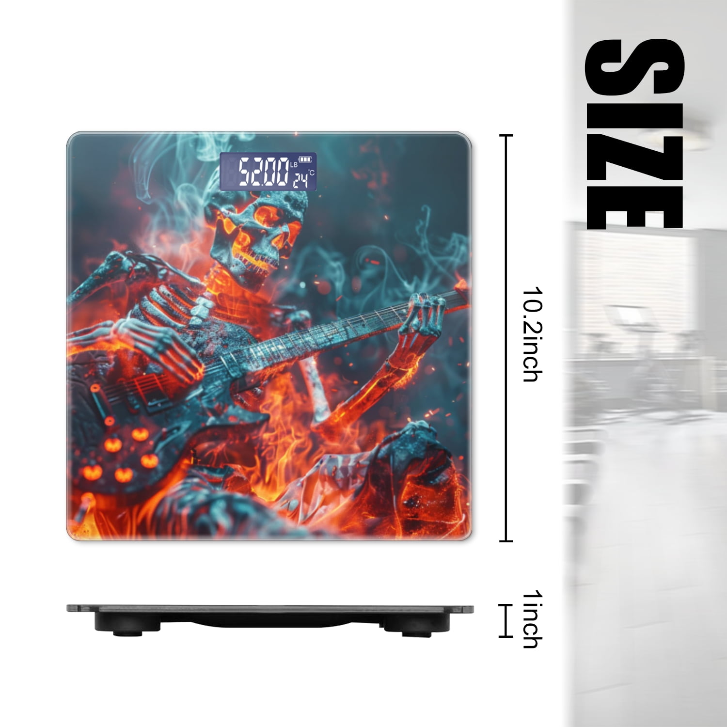 Bathroom Scale, Highly Accurate Digital Body Scale,Precisely Measures Weight up to 400 lbs-Skeletal Figure Playing Guitar Flames