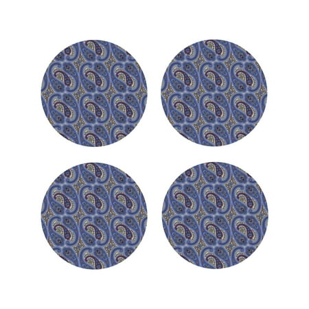 

Leather Coasters Set of 4 - Blue Flower Paisley Lightweight Non-Slip Drink Coasters for Desk Anti-Scalding Desk Cup Coasters for Office Table Decor Round Shape