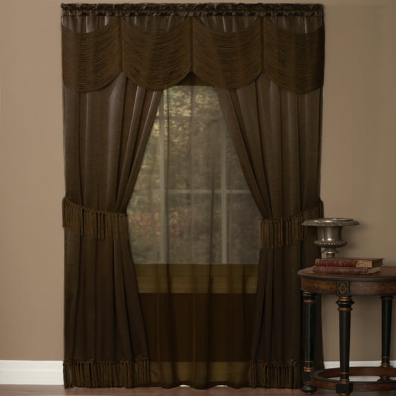 Woven Trends Halley 6 Piece Window Curtain Set, Victorian Style Curtains 84 Inches Long, Window In A Bag Curtain and Valance Set for Living Room and Bedroom, Rod Pocket 56" x 84", Brown