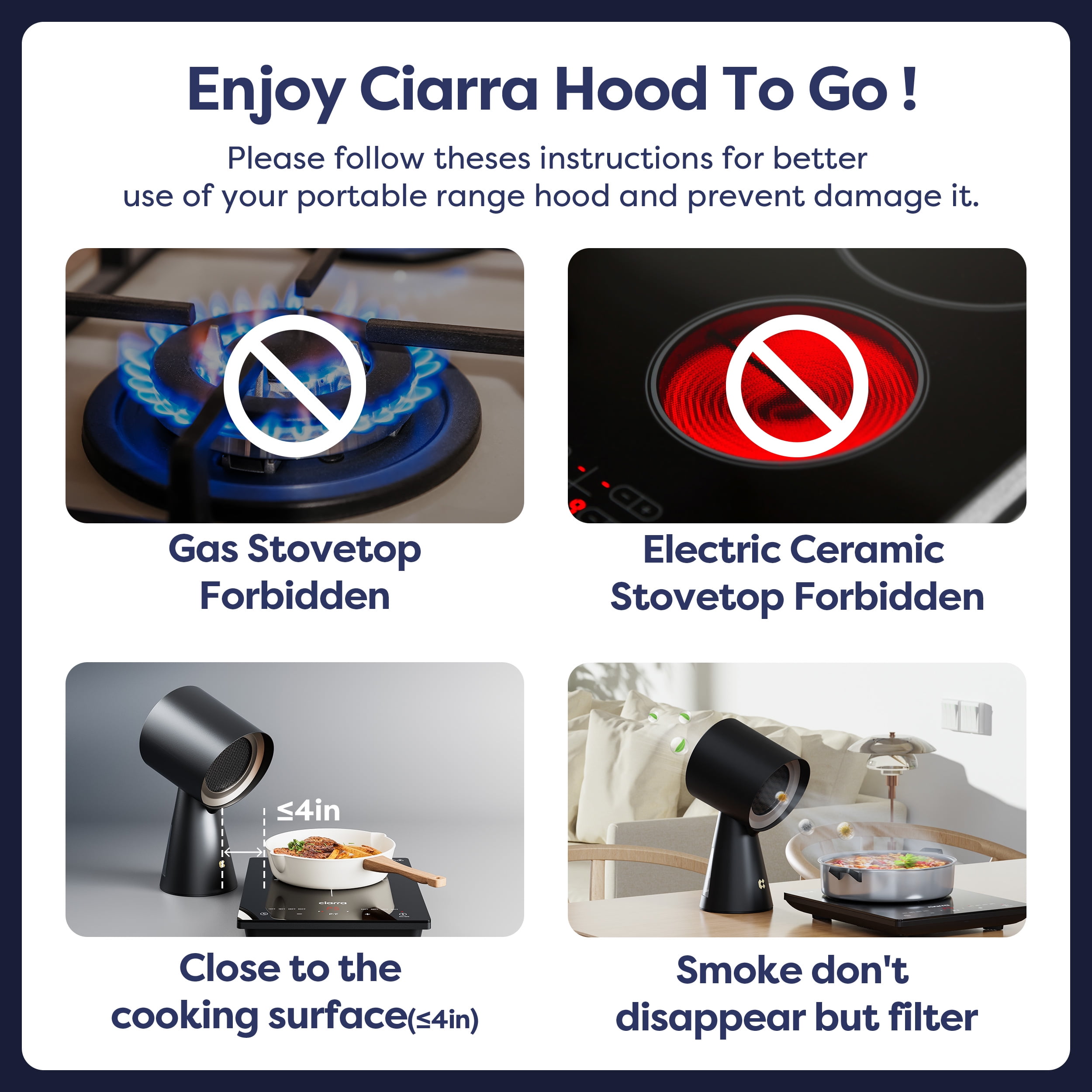 CIARRA Portable Range Hood with Detachable Aluminum Filter, Large Oil Collection Cup, Portable Kitchen Exhaust Fan for Indoor BBQ, Hot Pot,Ivory
