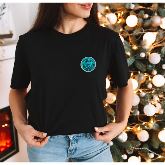 TURQUOISE SMILEY SEQUIN Graphic Short sleeve T-Shirt