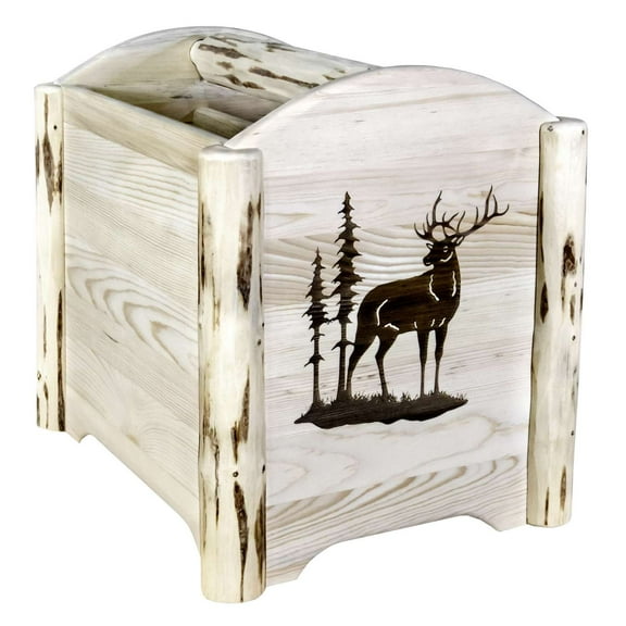 Montana Collection Magazine Rack w/ Laser Engraved Elk Design, Clear Lacquer Finish