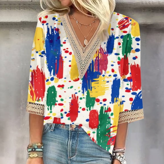 Blmnix Lace Women's Blouses Dressy Casual Pullover Graphic T-shirt V-Neck Red 3/4 Sleeve Country Tops for Women,S