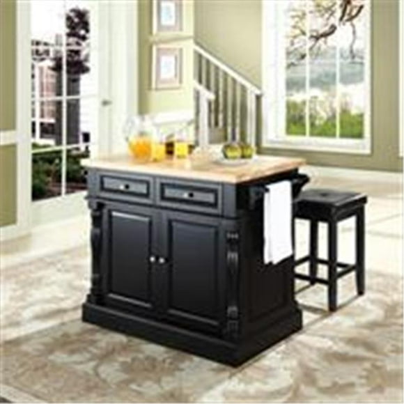 Crosley Furniture Butcher Block Top Kitchen Island in Black Finish with 24 in. Black Upholstered Square Seat Stools