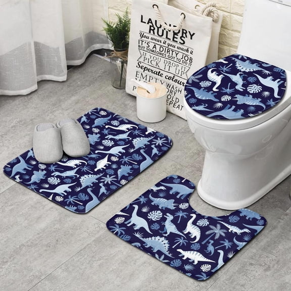 Dinosaur and Palm Navy Pattern 3 Piece Bathroom Rug Set, Non Slip Absorbent Bath Mats with U-Shaped Contour Rug and Toilet Lid Cover