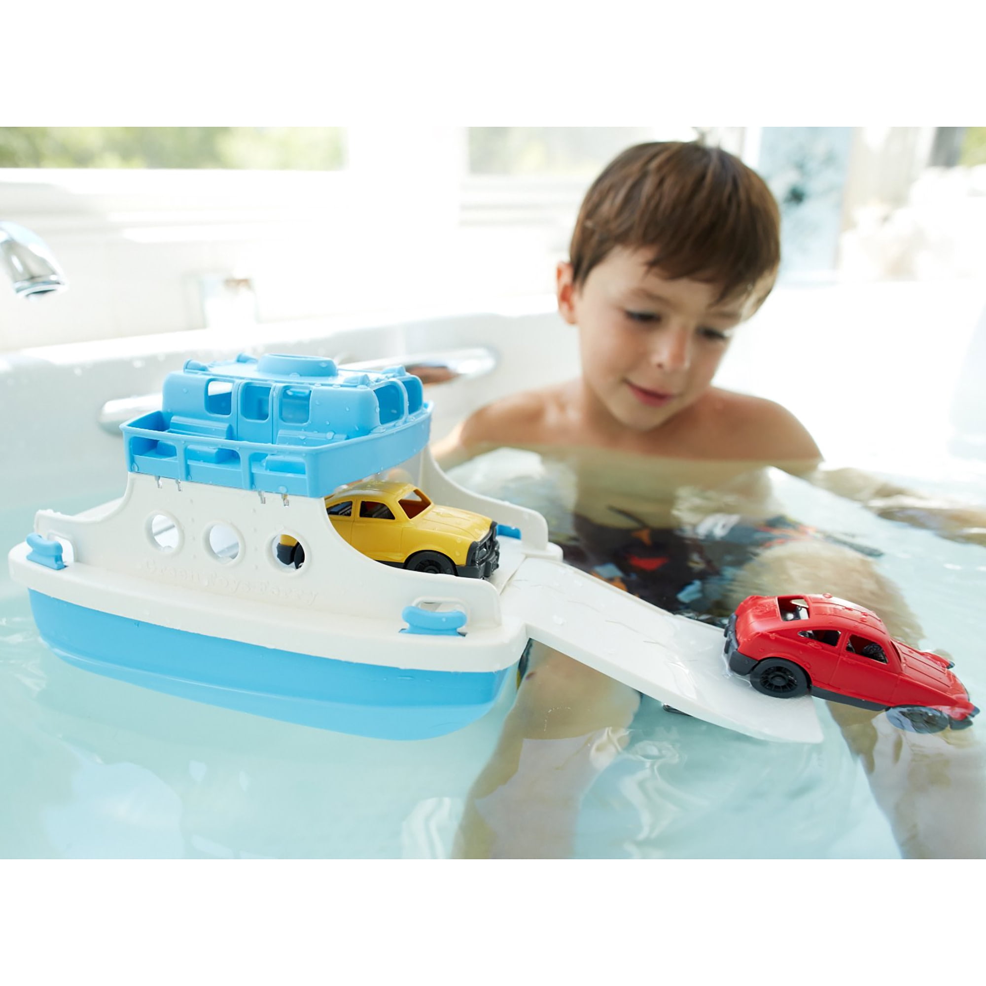 Green Toys: Ferry Boat - Blue & White - Floating Toy Vehicle & 2 Mini Cars, Water & Bathtub Play, Loading Ramp, In/Outdoor, Recycled Material, Kids 3+