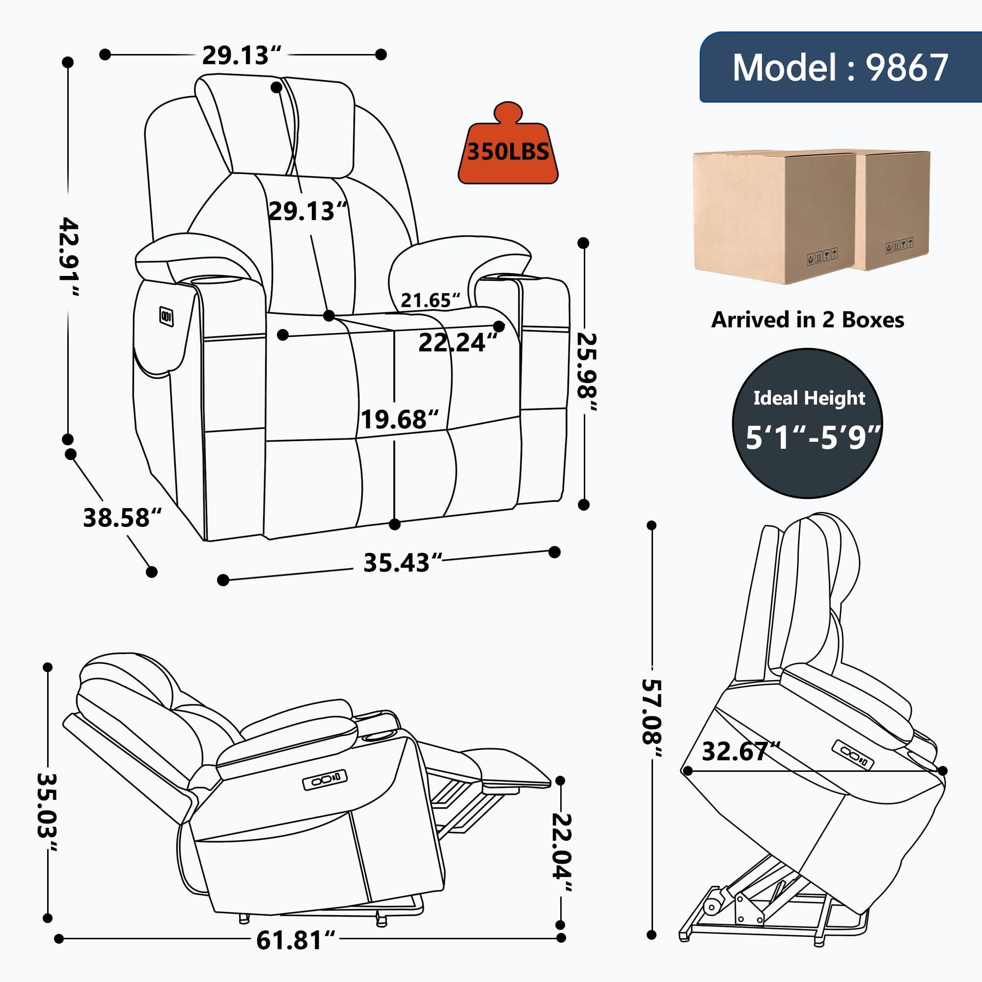 Power Lift Recliner Chair, Electric Lift Recliner for Elderly Reclining Chair with Vibration Massage and Lumbar Heating, Single Sofa with Charging Ports Cup Holders
