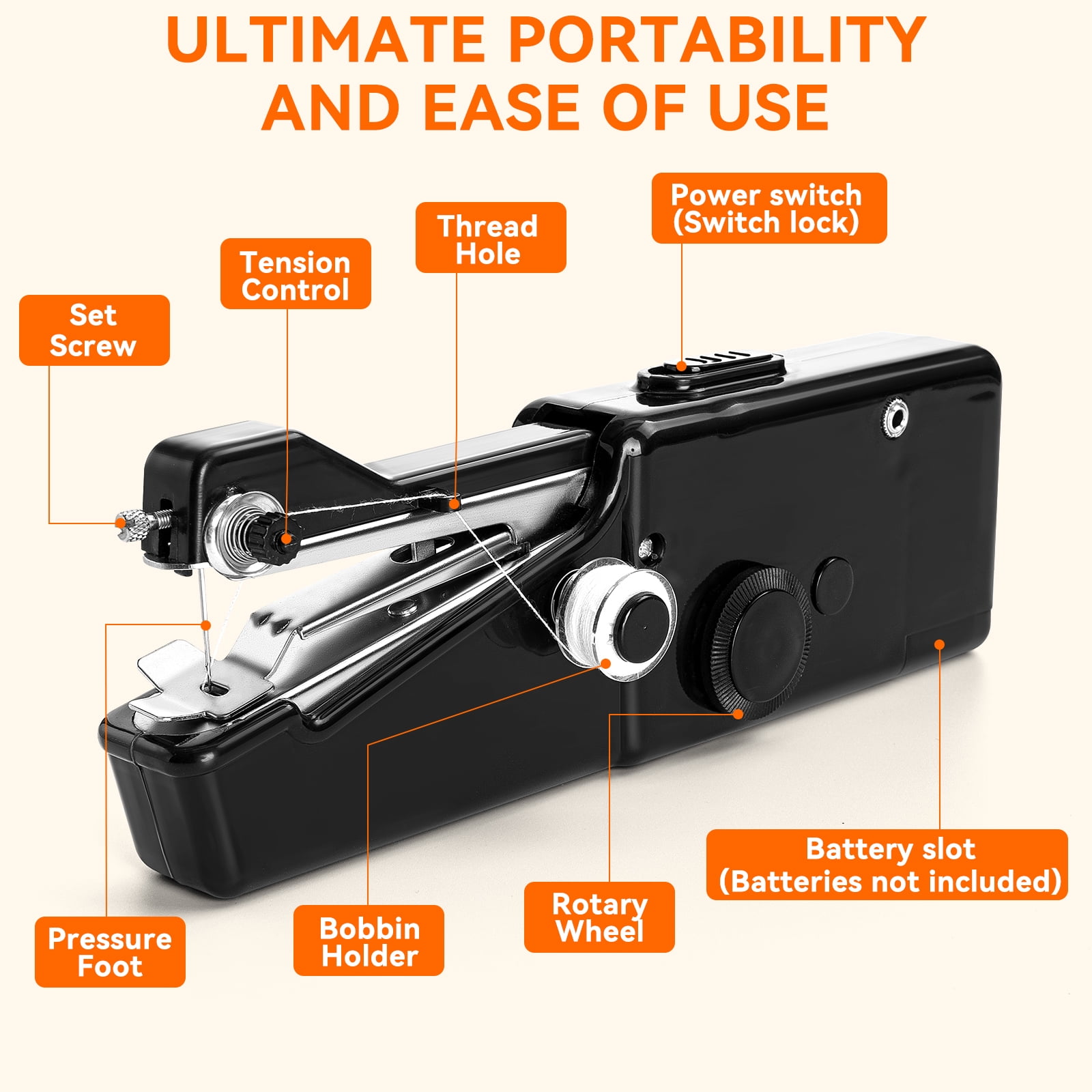 BSHAPPLUS® 36PCS Mini Portable Sewing Machine, Hand Cordless Sewing Tool Handheld Sewing Machine, Essentials for Home Quick Repairing and Stitch Handicrafts,Black