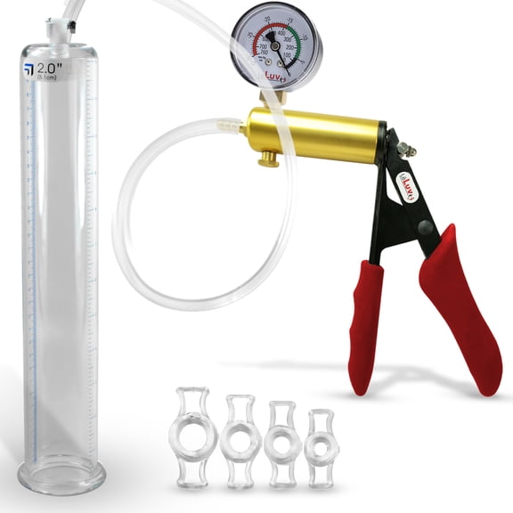 LeLuv Ultima Penis Pump, Brass w/ Red Handle, Silicone Grip, Clear Hose Gauge | 4 Cock Rings | 12" x 2.00" Cylinder
