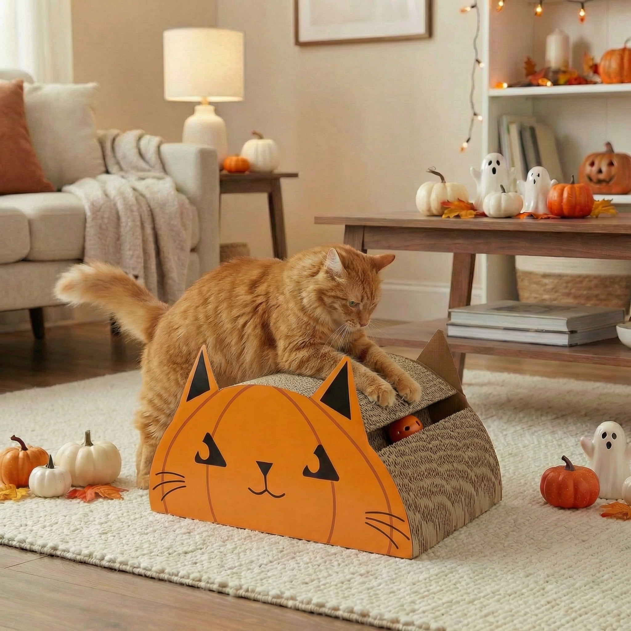 Kitty City Haloween Pumpkin Cat Face Cat Scratching Pad, Orange, One Size