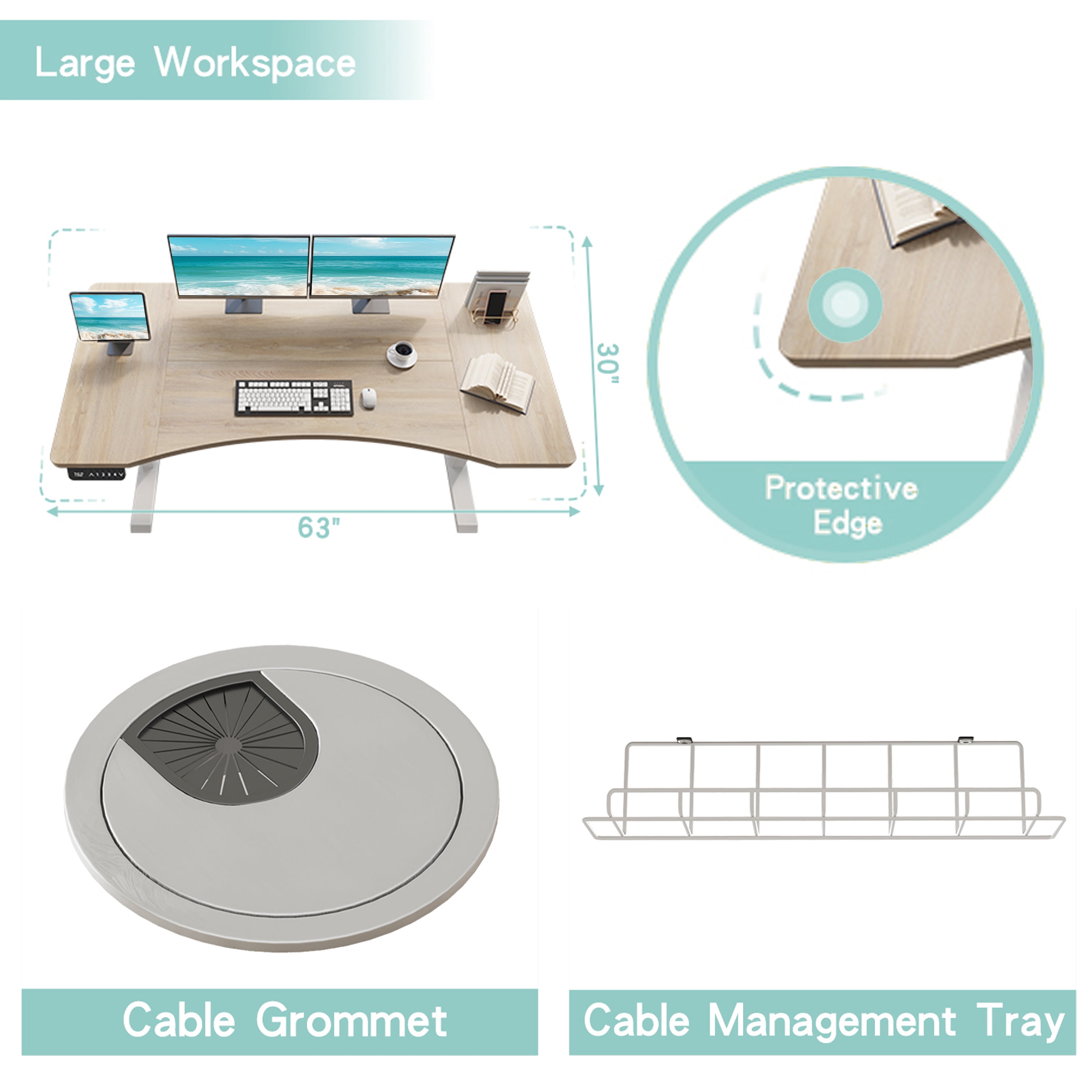 63"x30" Dual Motor Curve Design Height Adjustable Electric Standing Desk Height Stand Up Computer Desk, Sit and Stand Home Office Desk with Splice Board