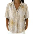 thumbnail image 3 of Endives Women's Linen Shirt Short Sleeve Shirt Collared Blouse for Women Casual Button Down Shirt Beach Vacation Outfits Hawaiian Shirt for Women Beige M, 3 of 7