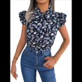 thumbnail image 2 of Blusas Bohemias de con Cuello Alto, Corta con Volantes y Estampado Floral para Mujer, Estilo Informal, Elegante, de Verano 2025. Azul Oscuro XL, 2 of 7