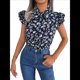 thumbnail image 2 of Blusas Bohemias de con Cuello Alto, Corta con Volantes y Estampado Floral para Mujer, Estilo Informal, Elegante, de Verano 2025. Azul Oscuro XL, 2 of 7