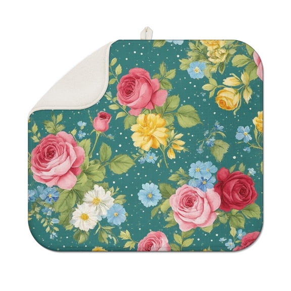 Pioneer Flower Floral Print Pattern Dish Drying Mat for Kitchen 1 Pack, Ultra Absorbent Microfiber Dishes Drainer Mats,16"x18"