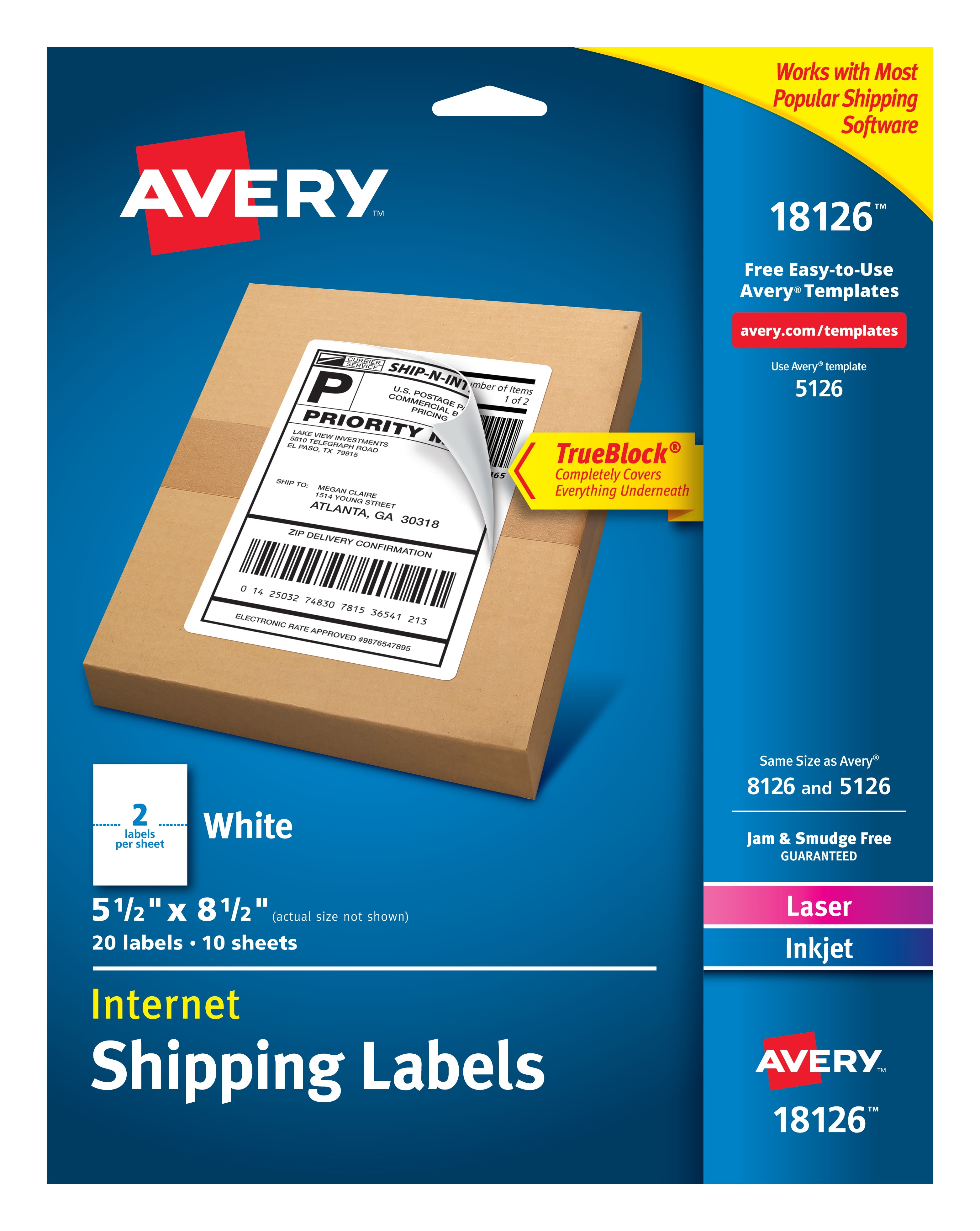 Avery Internet Shipping Labels 5 1 2 X 8 1 2 20 Labels 18126 