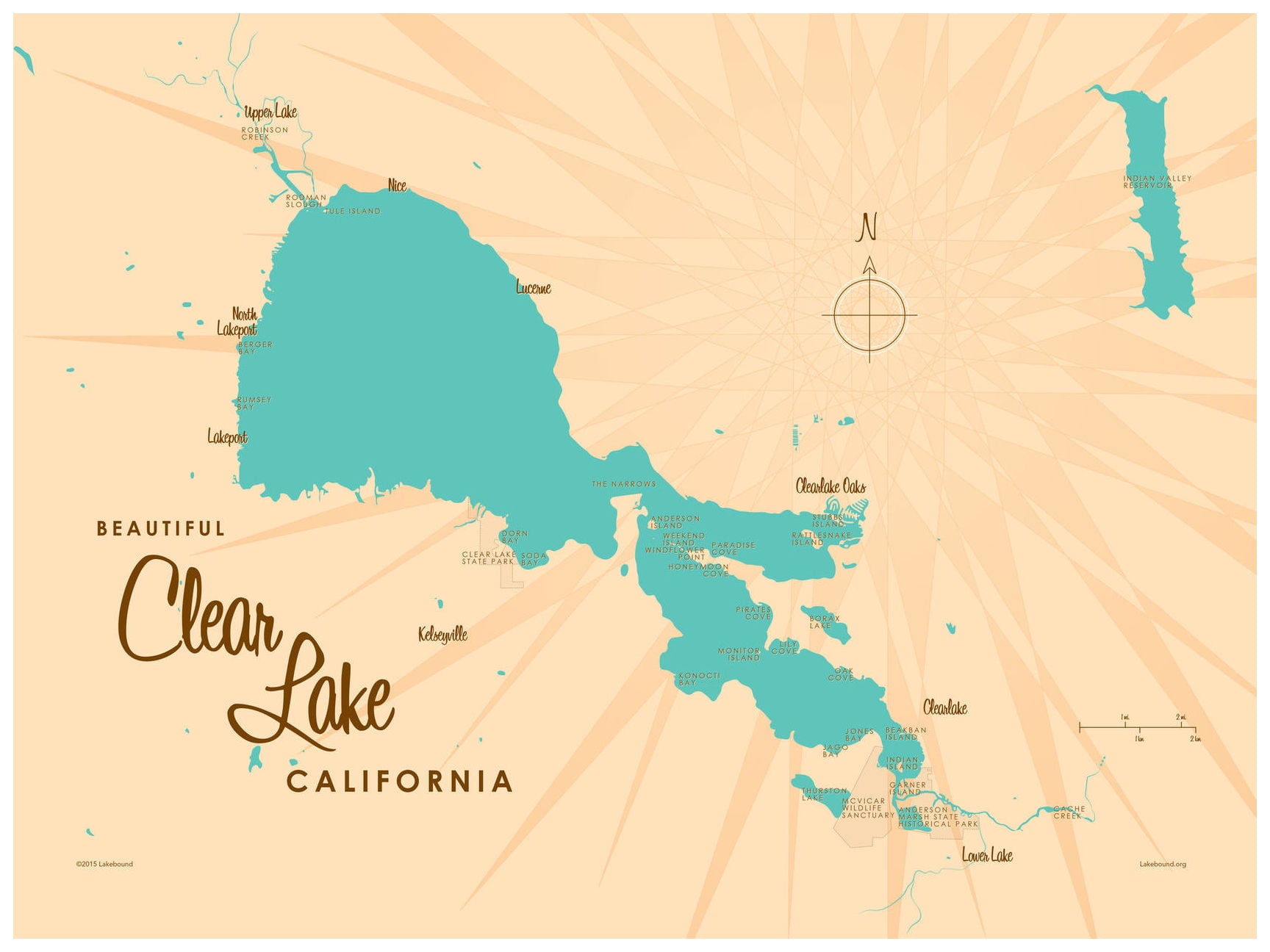Clear Lake California Map VintageStyle Art Print by Lakebound (18" x