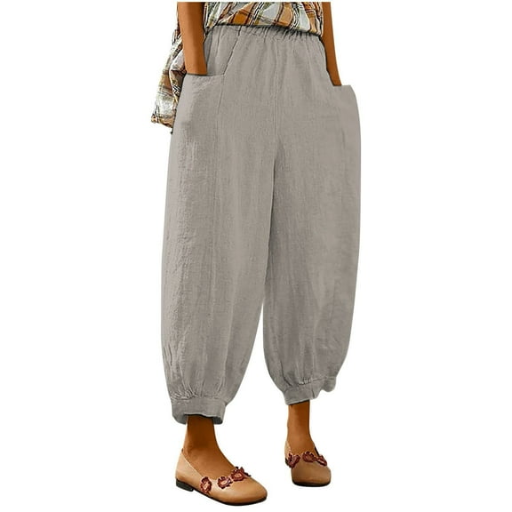 Admvng Plus Size Pants for Women Pants for Casual Summer Elastic High Waist Linen Pant Pockets Trouser M-4XL