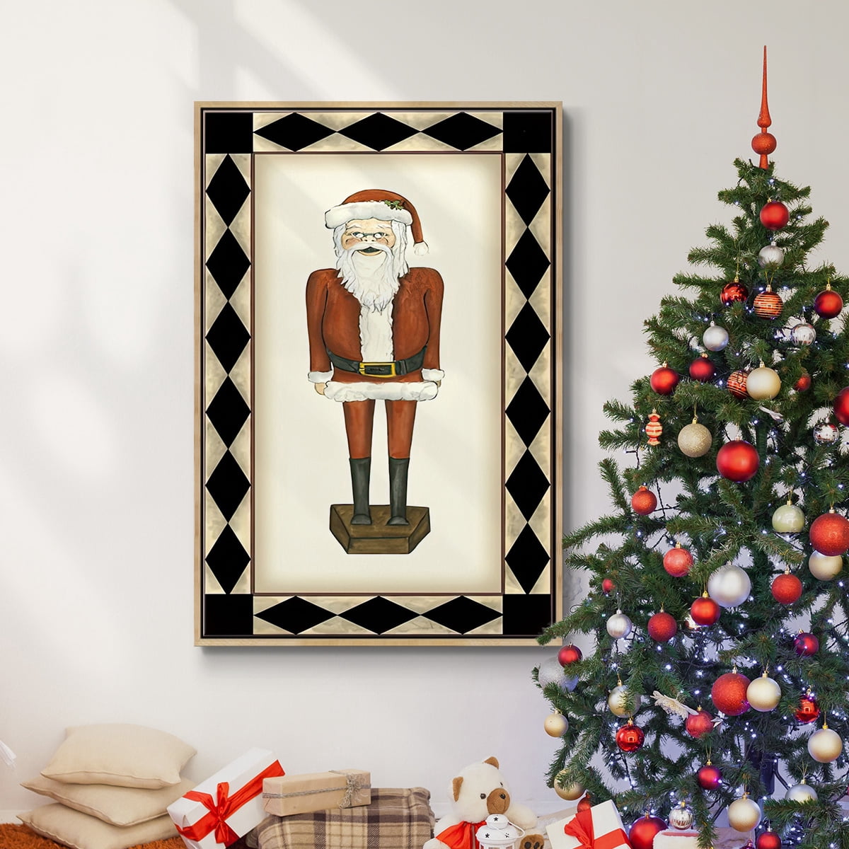 Jolly Santa - Framed Gallery Wrapped Holiday Canvas - 27 x 41 - Natural Wood Frame