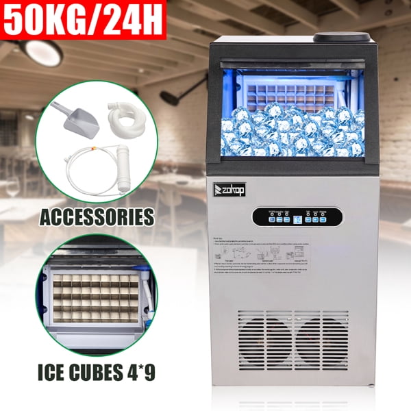ZK-110 Commercial Ice Maker Machine - 120V 110lbs/24h Stainless Steel with Transparent Lid, 4x9 Aluminum Tray for Restaurants, Bars, Hotels (Silver)