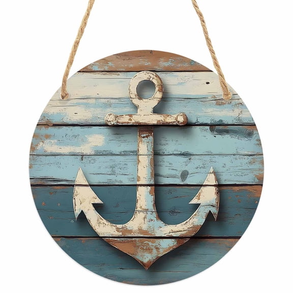 Vintage Anchor Round Front Door Welcome Sign, 5.9 Inch Wall Hanging Decor for Indoor Outdoor, Retro Farmhouse Nautical Wooden Home Porch Hanger Decorations for Holiday Gift