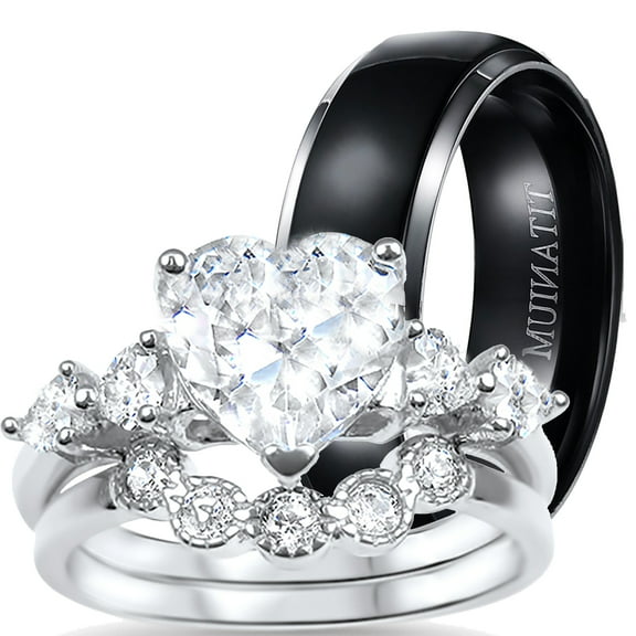 His Hers CZ Wedding Ring Sets Titanium Silver His Hers Wedding Bands Men Women (8/9)