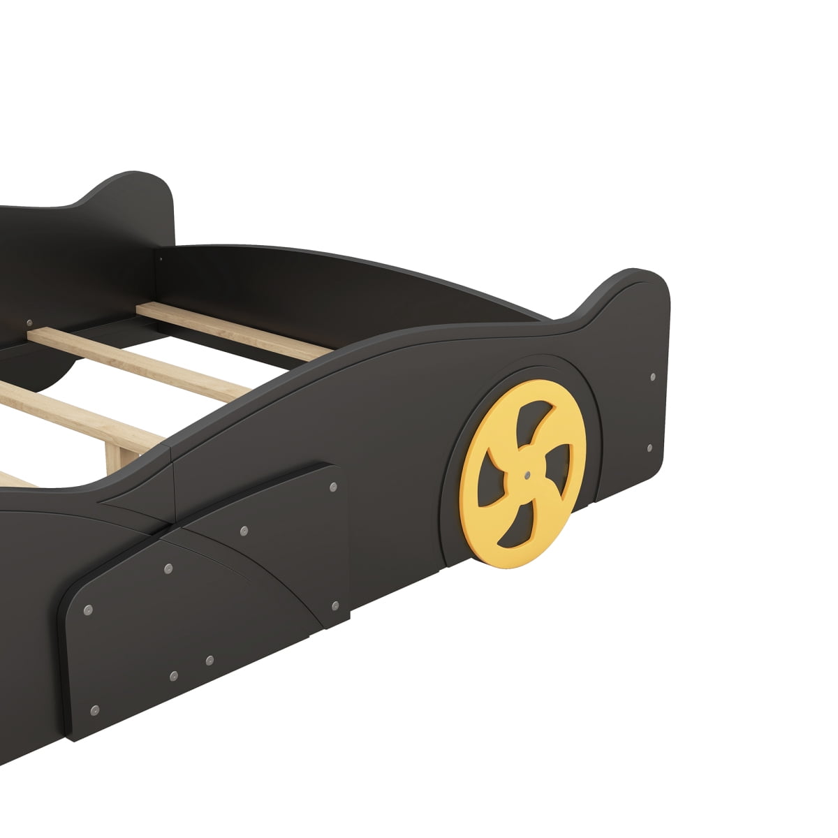 Luckynote Full Size Race Car Bed, Wood Platform with Wheels and Storage, for Bedroom, Black Yellow