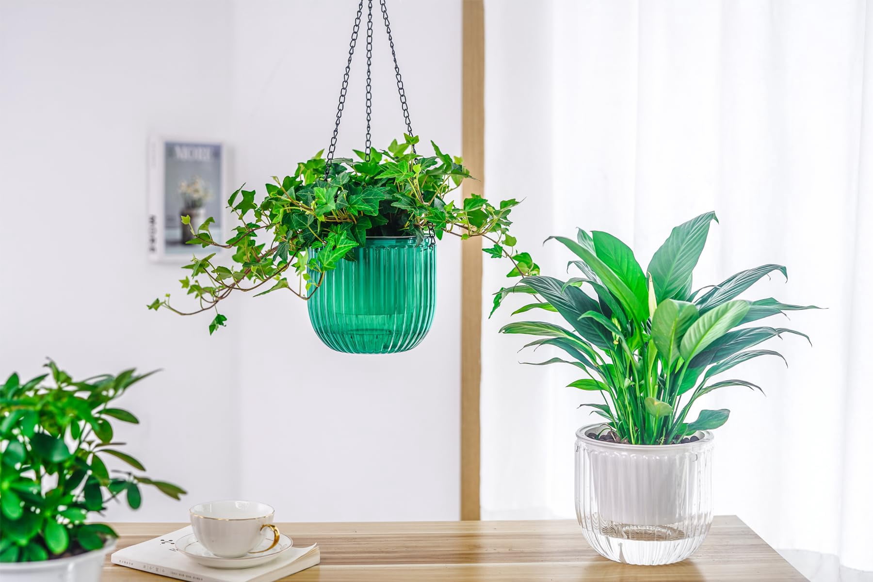 2 Pack Self Watering Hanging Planters 6.5 Inch Indoor Outdoor Flower Pots with Drainage Holes and Hooks for Garden Home Decor